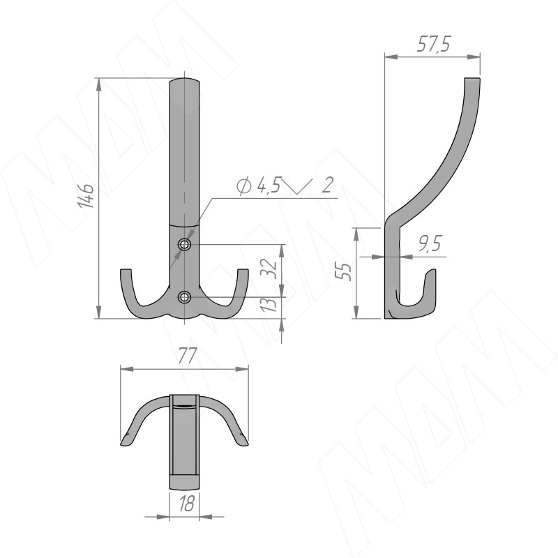 МДМ HK.17.GA Крючок 3-х рожковый золото матовое