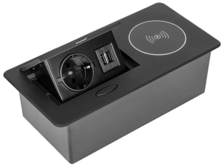 SETE Блок встраиваемый настол. (горизонт.) 1 гнездо, 2*USB, беспроводн. зарядка, черн.с кабелем SALE