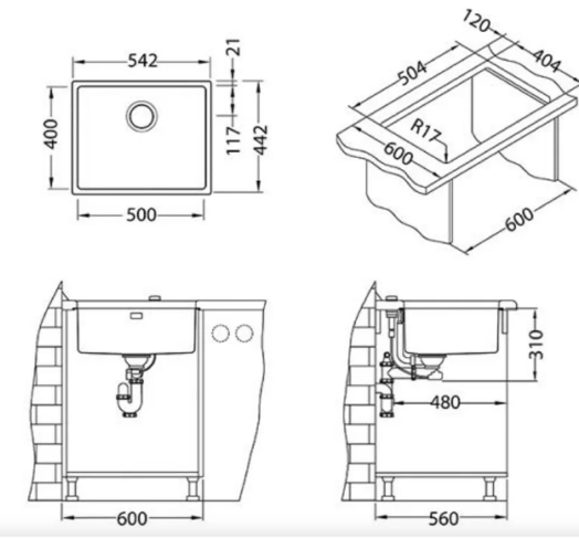 Мойка кухонная KOMBINO 50 SAT-90 500*400*200 в комплекте с сифоном 1102384