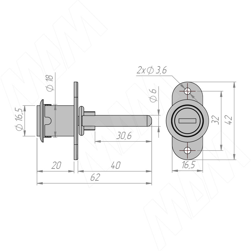 Замок для 3-х и более ящиков, поворотный, хром матовый