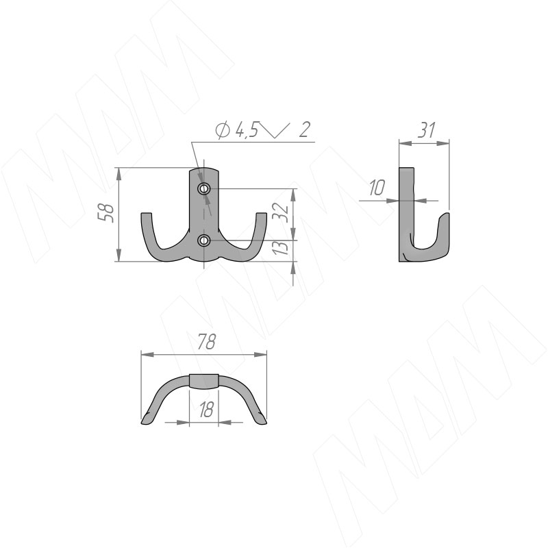 МДМ HK.18.SN Крючок 2-х рожковый матовый никель (заказ)