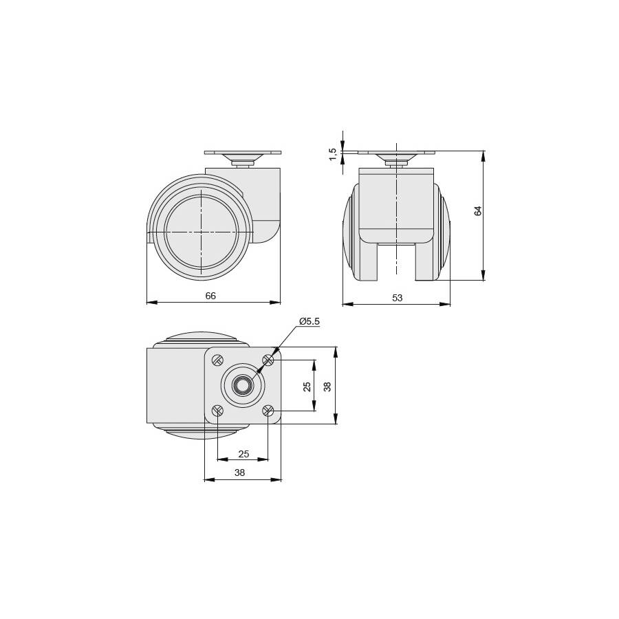 Опоры колесные на площадке d 50 обрезиненные