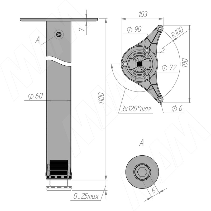 Опоры для столов и барных стоек  h 1100 d 60 боковое крепление черный хром