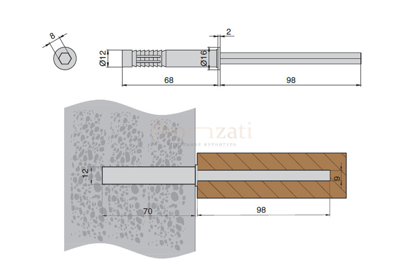 Менсолодержатель скрытый, L=100мм, d=8мм (в стопе)