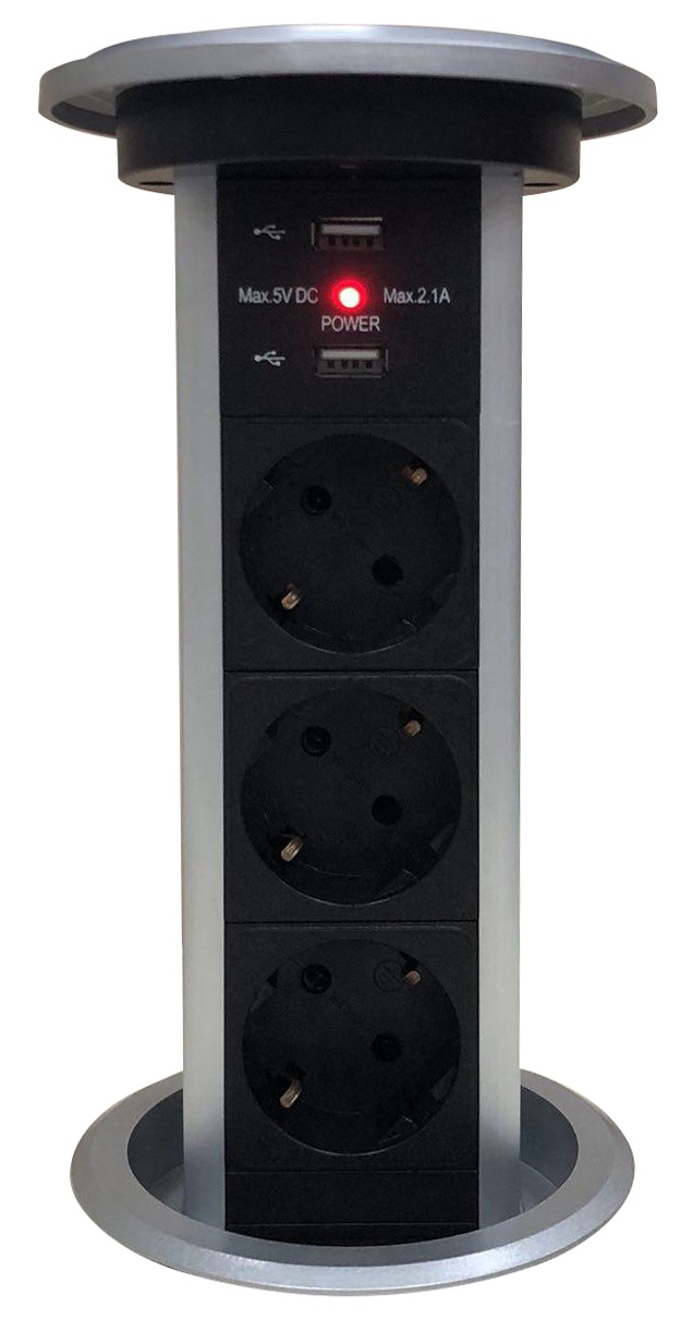 Блок розеток LK, 3 секции, Серебро Сенсорный (автомат), d=90,5мм, 2 USB  (заказ)