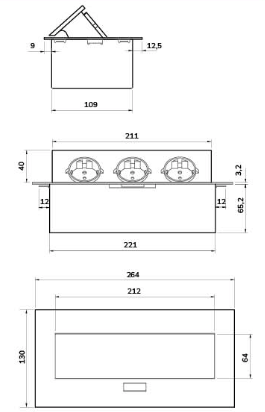 SETE Блок встраиваемый настольный (горизонтальный) 3 гнезда, серый с кабелем