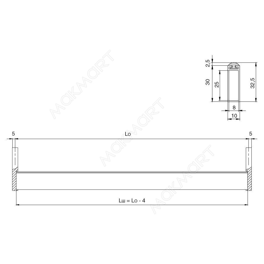 Linear Штанга для одежды 10х30 c демпфером, L=2000мм, отделка алюминий (анод.) (заказ)