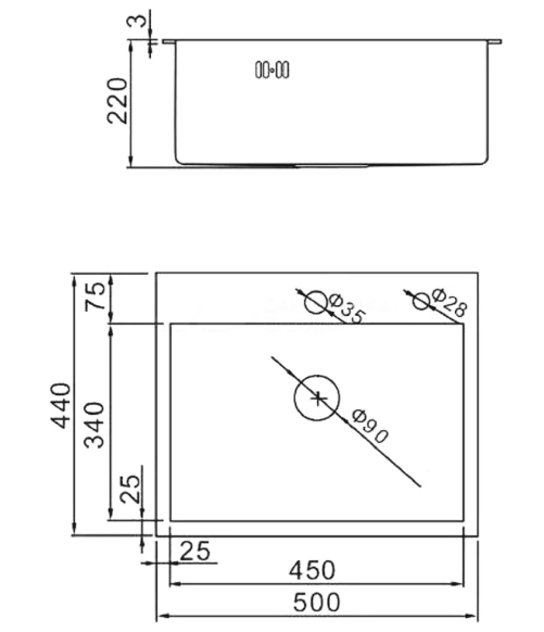 Мойка прямоугольная WISENT c PVD покрытием 5044 (500*440*220см)