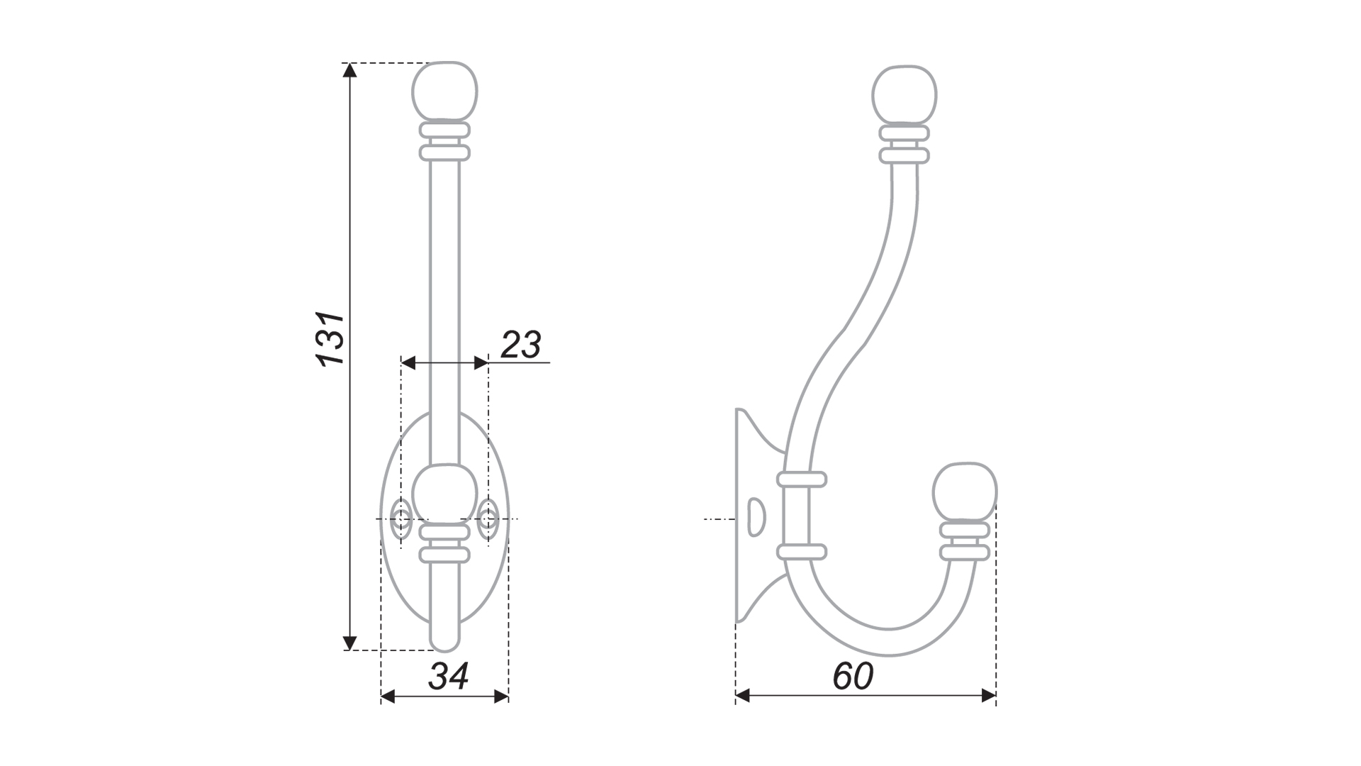 BRD K209BAZ.6 Крючок 2-х рожковый Черненый старинный цинк (заказ)