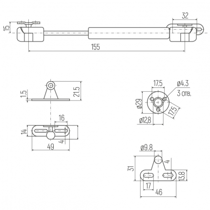 SETE Газлифт-мини на открытие вверх N80, 160мм,СЕРЫЙ