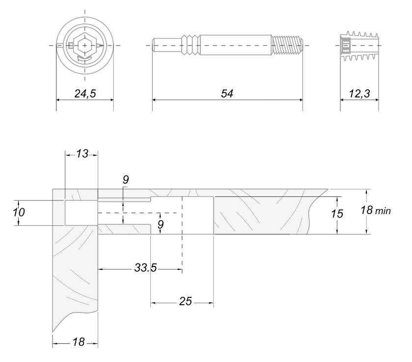 BRD Стяжка B-fix ST10/01/5/Zn/01, для панелей от 18мм, эксц. 25х15, дюбель одинарный,футорка (снято)