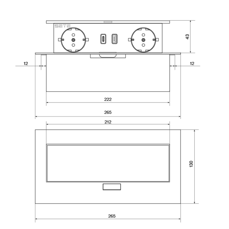 SETE Блок встраиваемый настольный (горизонтальный) 2 гнезда, 1*USB, 1 type C, серый с кабелем