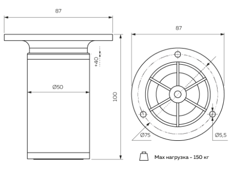 Опоры регулируемые с пластиковым креплением h 100 d 50 матовый хром