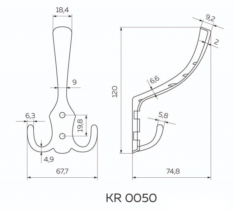KR 0050 №1 Крючок 3-х рожковый хром