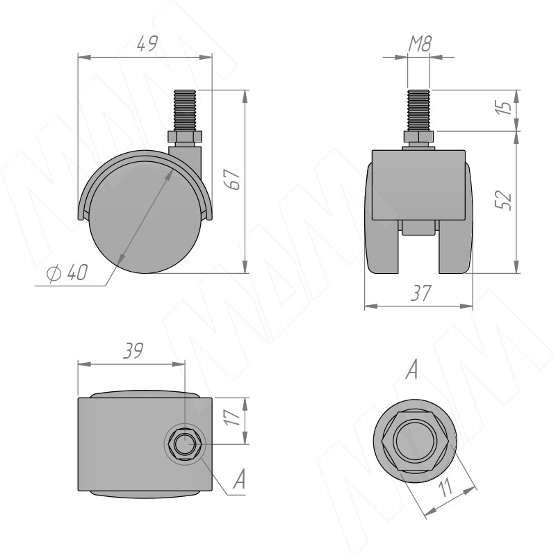 Опоры колесные с винтом М8 d 40 SALE