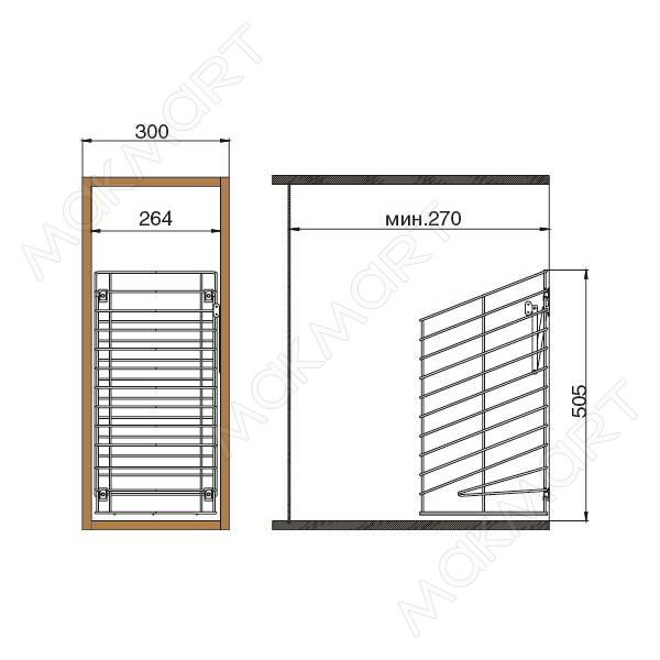 Корзина для белья в базу 300 откидная, отделка хром