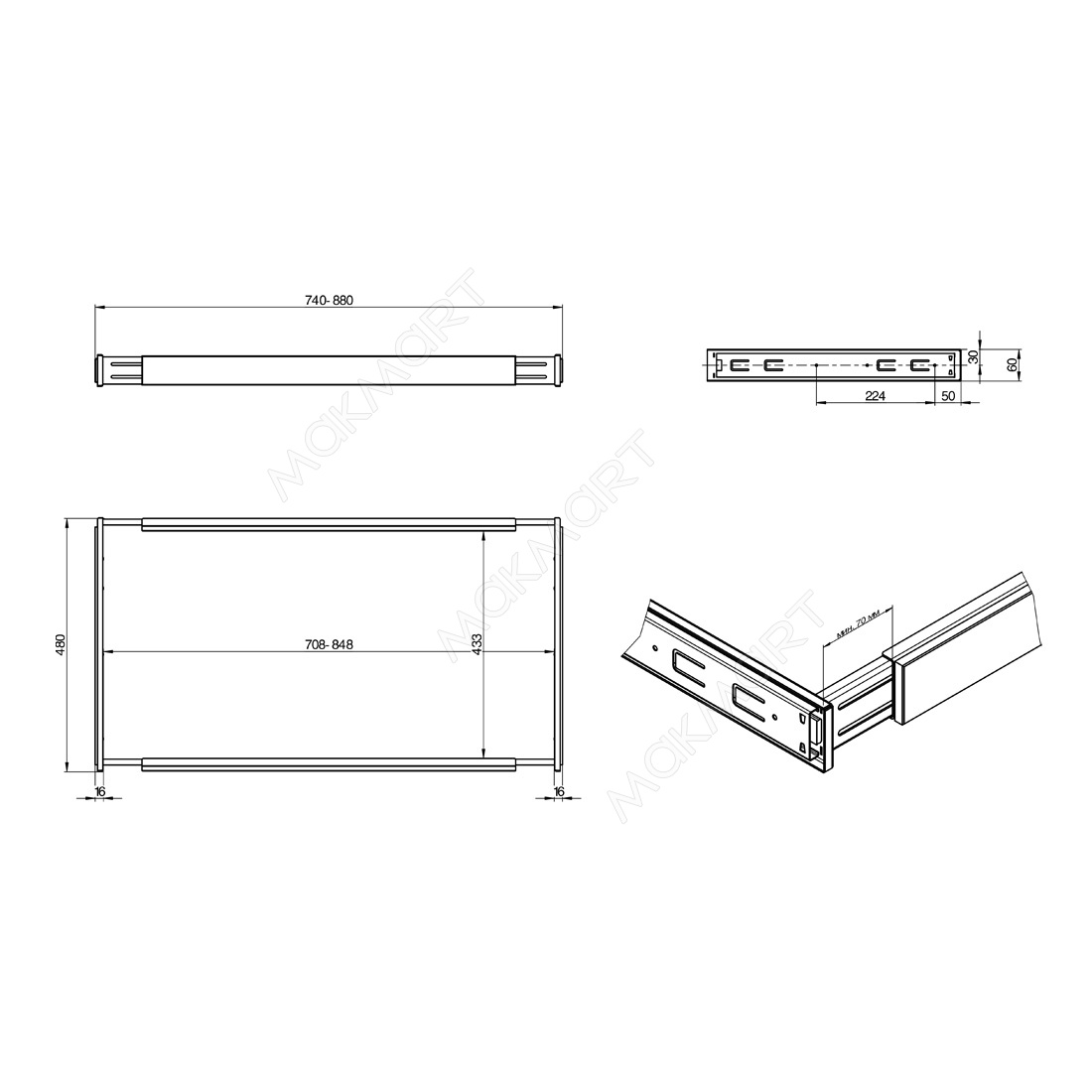 Рамка выдвижная L.740-880мм, полного выдвижения с доводчиком, отделка черный бархат (матовый) + дере