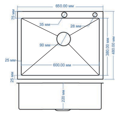 Мойка AMALET STANDART 650*480*220 прямоугольная графит + дозатор, коландер