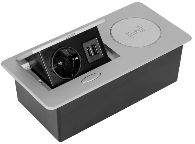 SETE Блок встраиваемый настол. (горизонт.) 1 гнездо, 2*USB, беспроводн. зарядка, сер.с кабелем SALE