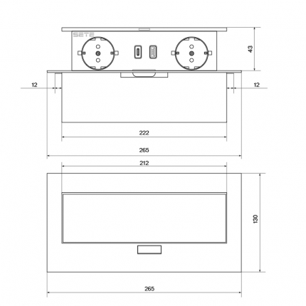 SETE Блок встраиваемый настольный (горизонтальный) 2 гнезда, 1*USB, 1 type C, черный с кабелем