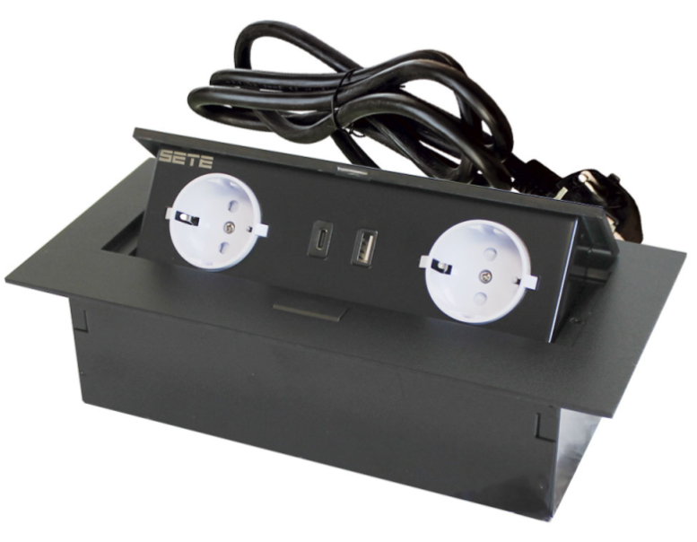 SETE Блок встраиваемый настольный (горизонтальный) 2 гнезда, 1*USB, 1 type C, черный с кабелем