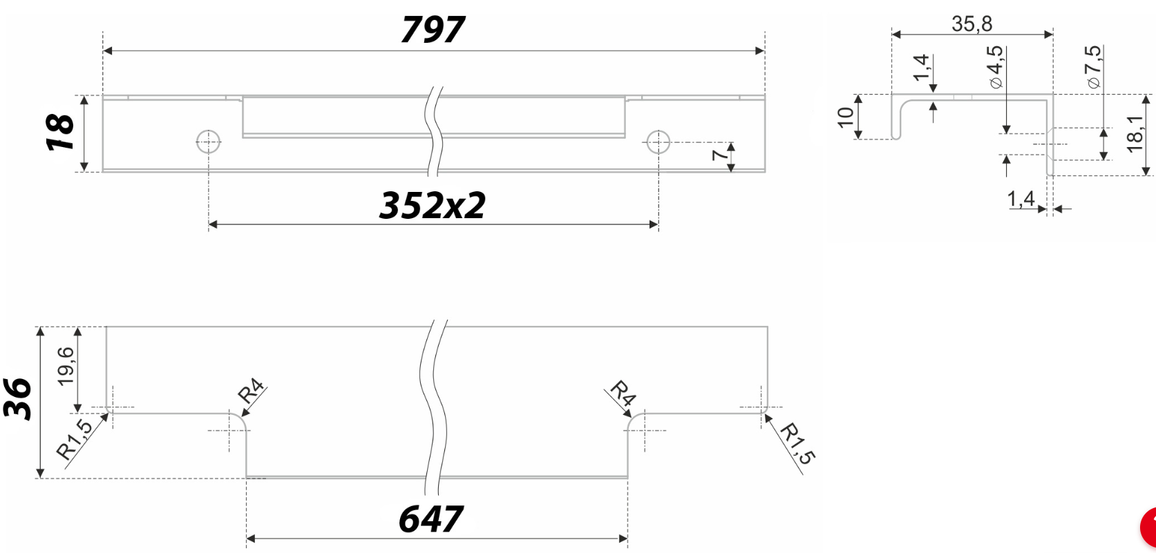 BRD RT109BL.1 ручка торцевая 800 мм RAY черный матовый