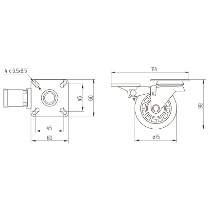 SETE Колесо силиконовое прозрачное d 75 мм, с тормозом (стоп-лист)