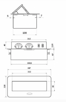 SETE Блок встраиваемый настольный (горизонтальный) 2 гнезда, 1*USB, 1 type C, серый с кабелем
